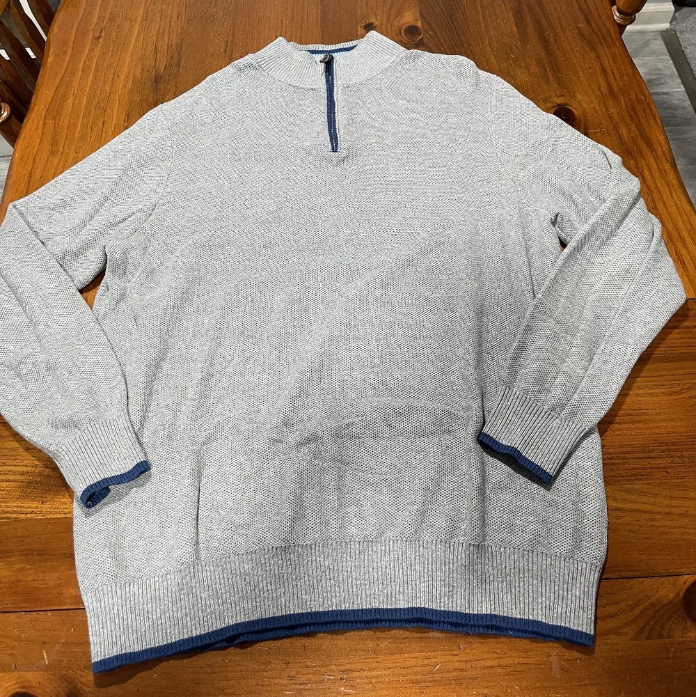 Tailorbyrd Men's Light Gray 1/4 Quarter Zip Cotton Rayon Sweater‎ Blue Trim XL